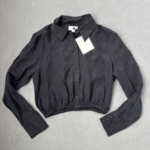 DISSH Shirt Womens‎ 8 Black Mia Cropped Sleeved Button Up Cupro Preppy Top NWT